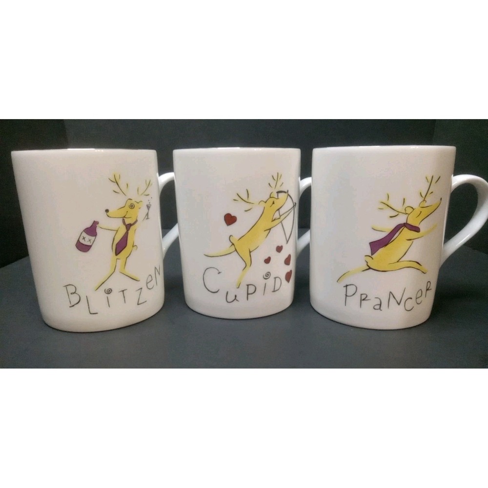 Pottery Barn Reindeer Mugs 12 Oz Silver Trim Lot Of 3 Blitzen Prancer Cupid